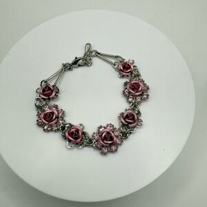 Vintage Avon Pink Rose Bracelet – Enamel Flower & Rhinestone Charm Link Jewelry